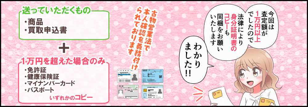 査定額が１万円以上の場合は、法律により身分証明書のコピーも同梱をお願い致します。